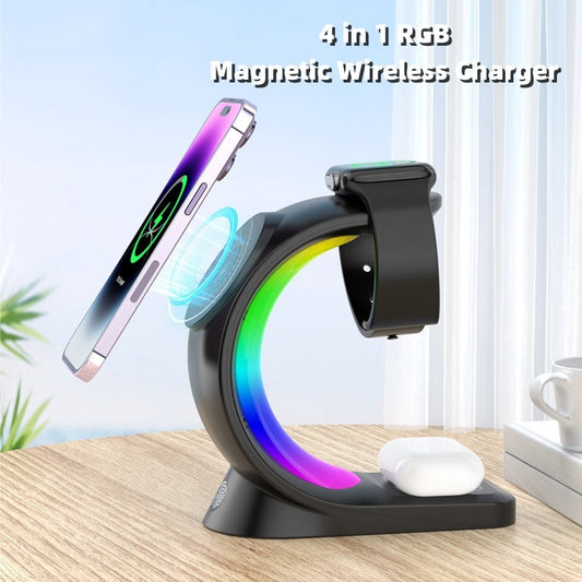4 In 1 Magnetic Wireless Charger Fast Charging For Smart Phone Atmosphere Light Charging Station For Airpods Pro I-phone Watch BAZONA