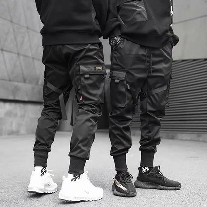 Ribbons Harem Joggers Men Cargo Pants Streetwear Hip Hop Casual Pockets Cotton Track Pants - bazona.com