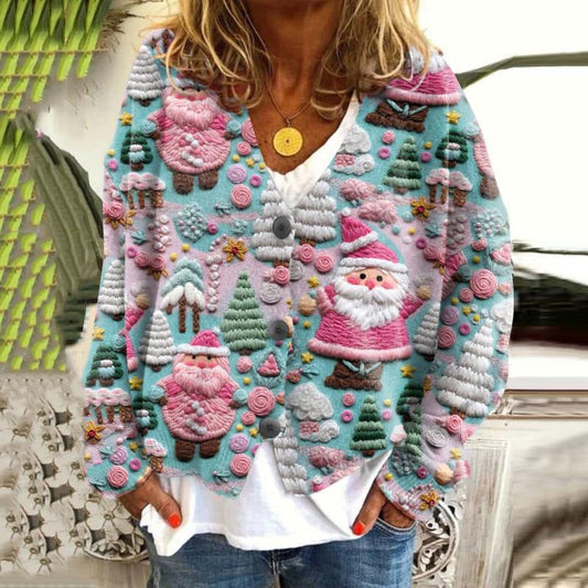New Christmas Abstract Flowers Printing Sweater Fashion Casual Short Cardigan Coat Womens Clothing BAZONA