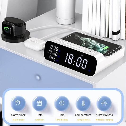 15W Three-in-one Wireless Charger Temperature Tester Multi Alarm Clock Fast Charging Mobile Phone Usb Charger Charging Station BAZONA