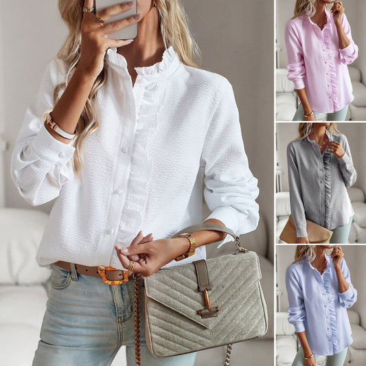 Striped Long Sleeve Shirt Fashion Ruffle Design Button Up Tops Casual Office Blouse Elegant Commuting Women's Clothing BAZONA