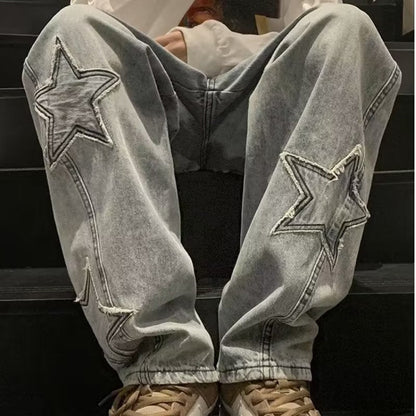 Star Embroidery Straight Casual Men Jeans Gothic Neutral New Wide Leg Loose Hip-hop Fashion Youth Streetwear Denim Trousers Y2K BAZONA
