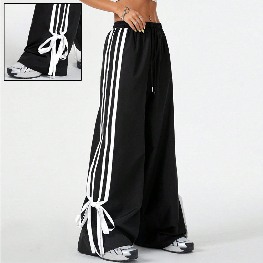 High Waist Wide Leg Pants Women's Spring Summer New Style Three Bars Drawstring Cuffed Straight Casual Extended Sports Trousers BAZONA