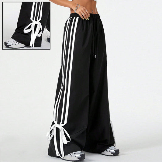 High Waist Wide Leg Pants Women's Spring Summer New Style Three Bars Drawstring Cuffed Straight Casual Extended Sports Trousers BAZONA