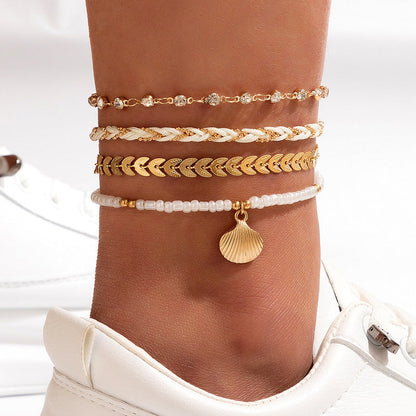 4pcs Set Bohemian Woven Rope Foot Chain For Men And Women Geometric Alloy Black Beads Dropping Oil Anklet Set Summer Fashion Jewelry BAZONA