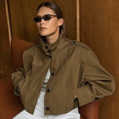 Khaki Lapel Simple Single-breasted Coat BAZONA