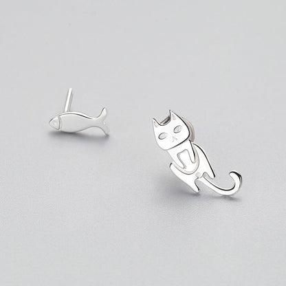 Fashion Asymmetry 925 Sterling Silver Stud Earrings Animal Fish Cat Stud Earrings for Women Personality Jewelry Gifts BAZONA