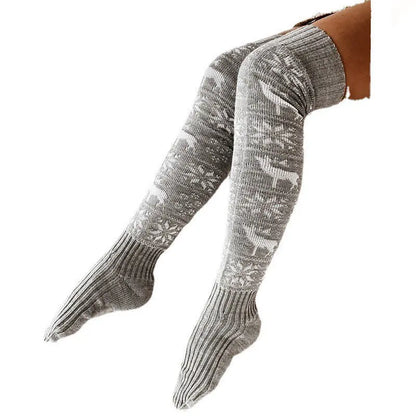 Winter Christmas Warm Knitted Women Stocking Beautiful Elk Snowflake Jacquard Over-the-knee Casual Long Socks For Ladies Gifts Free Size - bazona.com