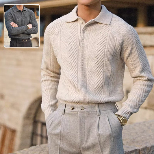 Men's Lapel Knitted Sweater Winter Pullover Long-sleeved Top Clothes BAZONA