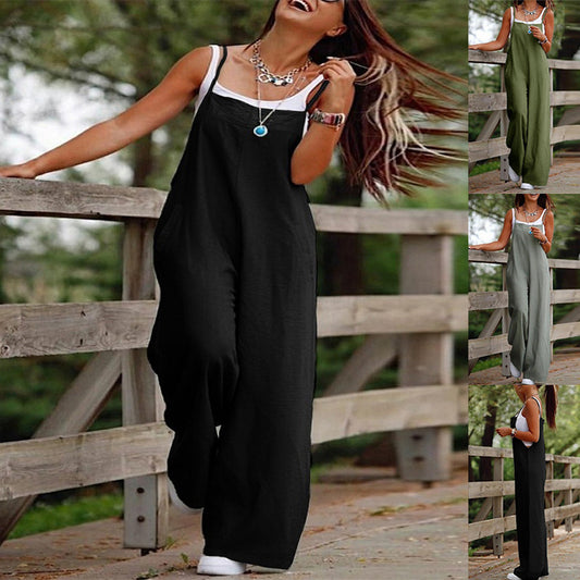 Women's Sleeveless Jumpsuit With Pockets And Adjustable Shoulder Strap Fashion Loose Wide Leg Straight Overalls Summer Beach Trousers - bazona.com