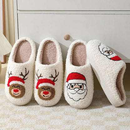 Christmas Home Slippers Cute Cartoon Santa Claus Cotton Slippers For Women And Men Couples Winter Warm Furry Shoes - bazona.com