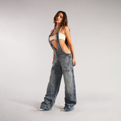 Y2K Zipper Denim Overalls With Pockets Fashion Loose Suspender Jumpsuit Streetwear Jeans Pants Womens Clothing BAZONA