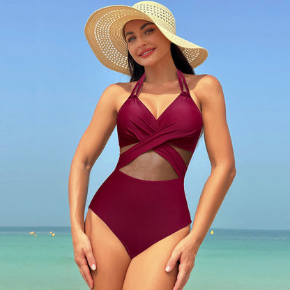 Halter-neck One-piece Swimsuit Summer Solid Color Cross-strap Design Mesh Bikini Beach Vacation Womens Clothing BAZONA