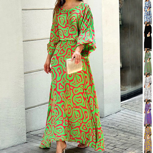2pcs Women's Dress Suits Fashion Loose Printed Long Sleeve Top And High Waist Long Skirt BAZONA