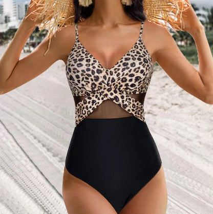 Halter-neck One-piece Swimsuit Summer Solid Color Cross-strap Design Mesh Bikini Beach Vacation Womens Clothing BAZONA