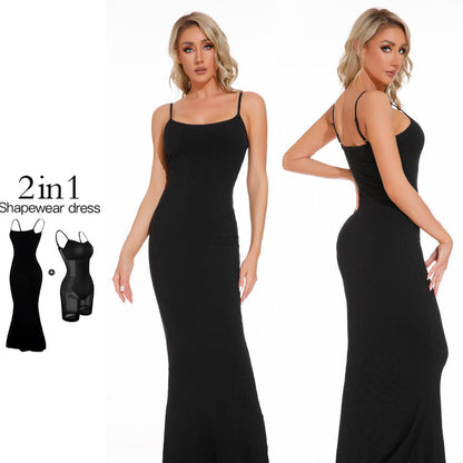 Women's Shapewear Dress Jumpsuit Tummy Tuck Lift Corset Open Crotch Suspender Tight Long Skirt Chest Pad Bodysuit Dress BAZONA