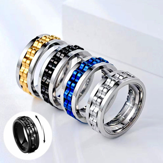 Titanium Spinner Square Texture Ring For Men High Polished Stainless Steel Gear Rotating Anxiety Fidget Rings Charm Jewelry BAZONA