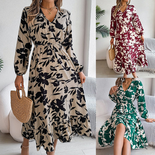 Leisure Flower Waist-controlled Long Sleeves Ruffled Dress BAZONA
