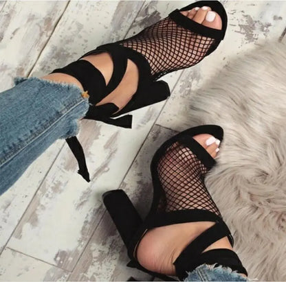 Women Sandals Bandage Flock Cross Strap Lace Up High Heels Sandal - bazona.com