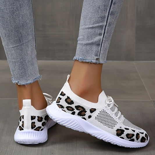 White Shoes Women Leopard Print Lace-up Sneakers Sports - bazona.com