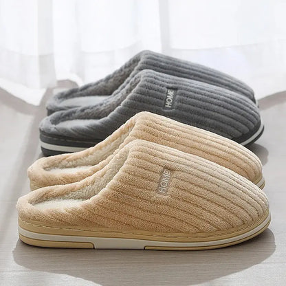 Solid Color Simple Cotton Slippers Winter Non-slip Home Warm Plush Slippers Household Indoor Couple Women's House Shoes - bazona.com
