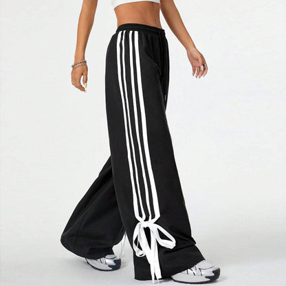 High Waist Wide Leg Pants Women's Spring Summer New Style Three Bars Drawstring Cuffed Straight Casual Extended Sports Trousers BAZONA