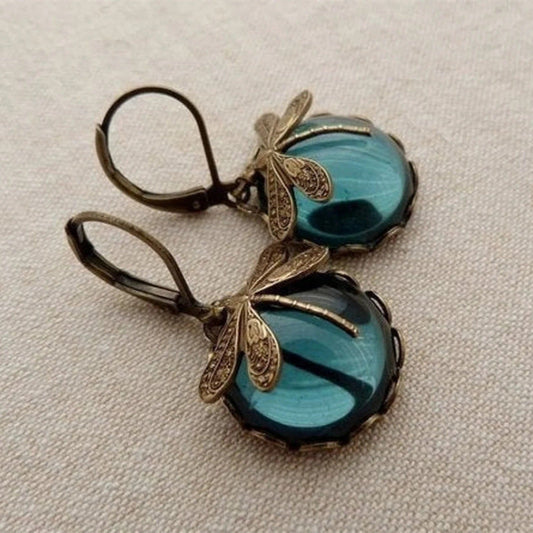 Fashion Jewelry Women's Earrings Hanging Vintage Dragonfly Pendant Earring Boho Chakra Blue Moonstone Drop Earrings For Women Wedding Charm Ethnic Jewellery BAZONA