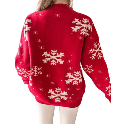 Fall Winter Women's Christmas Sweater Knitted Fluffy Loose Casual Christmas Snowflake Print Long Sleeves Pullovers Tops Streetwear BAZONA