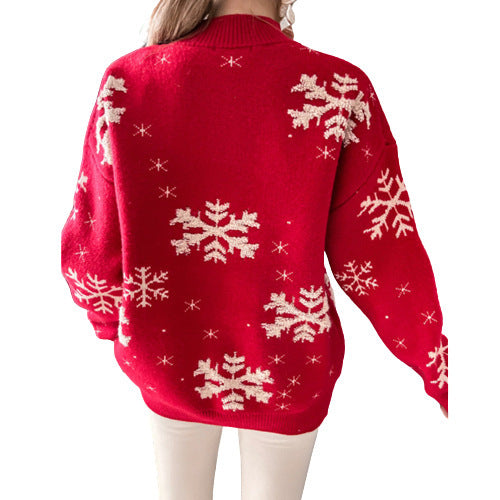 Fall Winter Women's Christmas Sweater Knitted Fluffy Loose Casual Christmas Snowflake Print Long Sleeves Pullovers Tops Streetwear BAZONA