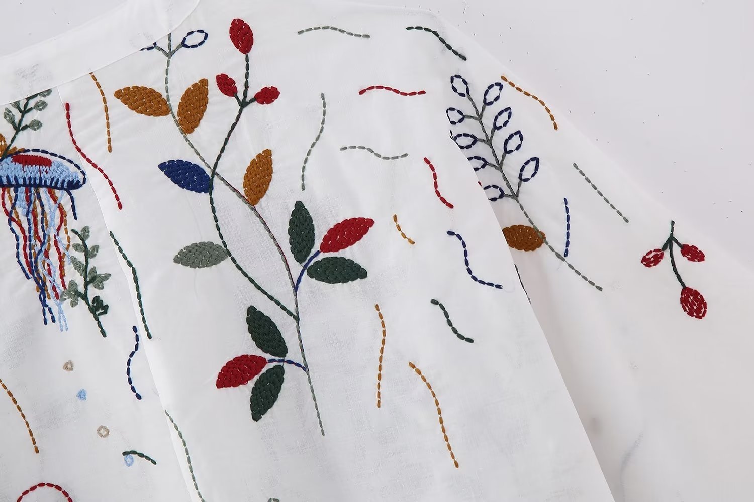 V-neck Embroidery Breasted Shirt High Waist Embroidery Skirt Suit BAZONA