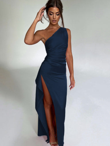 Sexy One-shoulder Backless Slit Dress Summer Elegant Slim-fit Solid Color Satin Dresses For Women BAZONA