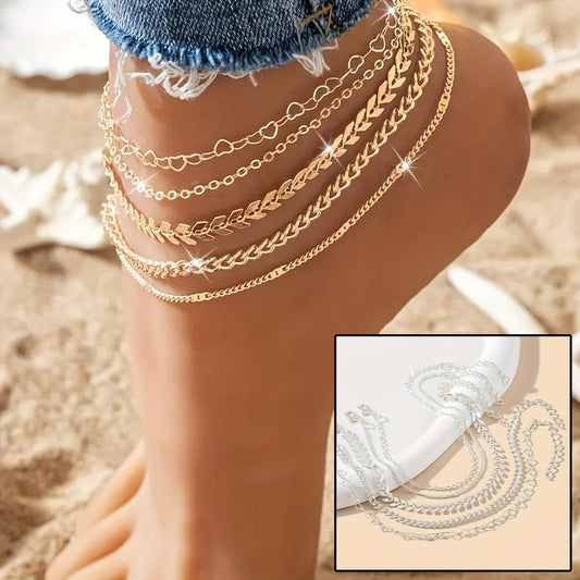 5Pcs Bohemian Airplane Chain Ankle Chain Fashion Design Heart-shaped Chain Anklets Women's Summer Beach On Foot Chain Jewelry - bazona.com