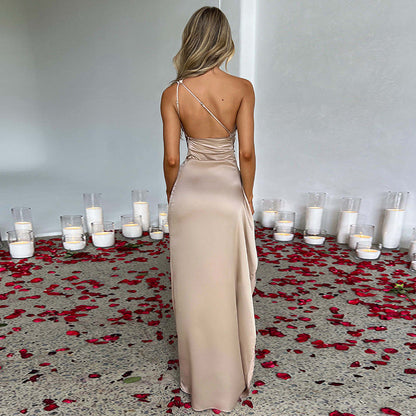 Sexy One-shoulder Backless Slit Dress Summer Elegant Slim-fit Solid Color Satin Dresses For Women BAZONA