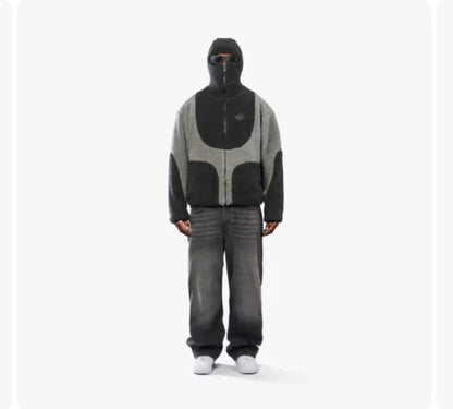 Men's Fashion Lamb Wool Hooded Zipper Coat Sweatshirt Patchwork Line Design Male Tops Casual BAZONA