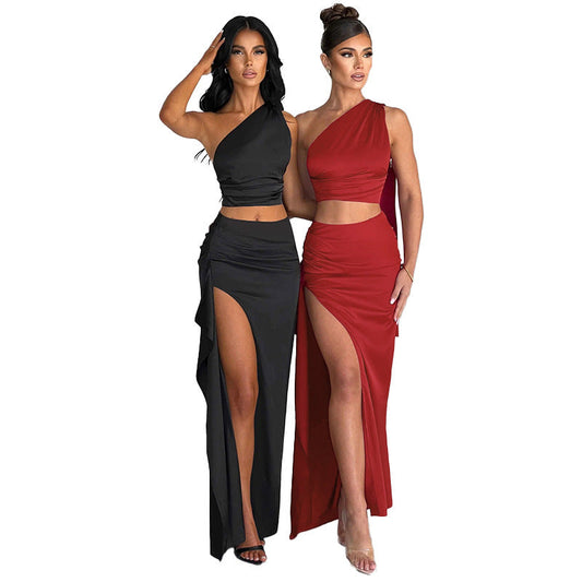 One-shoulder Satin Short Top High Waist Split Maxi Dress E BAZONA