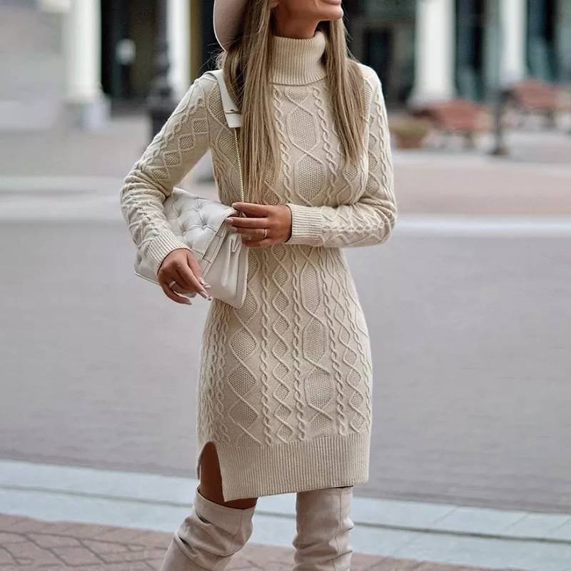 Fashion Turtleneck Knitted Dress With Slit Design Winter Warm Solid Color Pullover Long Sweater Women's Clothing BAZONA