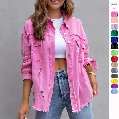 Fashion Ripped Shirt Jacket Female Autumn And Spring Casual Tops Womens Clothing - bazona.com