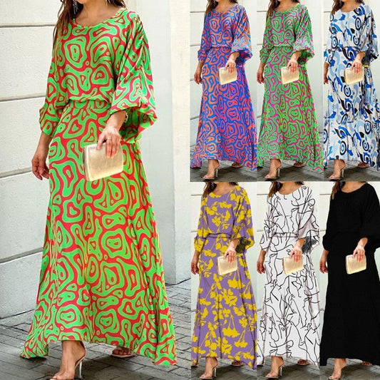 2pcs Women's Dress Suits Fashion Loose Printed Long Sleeve Top And High Waist Long Skirt BAZONA