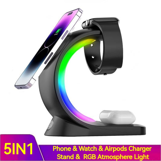 4 In 1 Magnetic Wireless Charger Fast Charging For Smart Phone Atmosphere Light Charging Station For Airpods Pro I-phone Watch BAZONA
