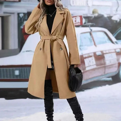 Lapel Double-breasted Trench Coat With Belt Winter Fashion Solid Color Long Jacket Outwear Women Clothing - bazona.com