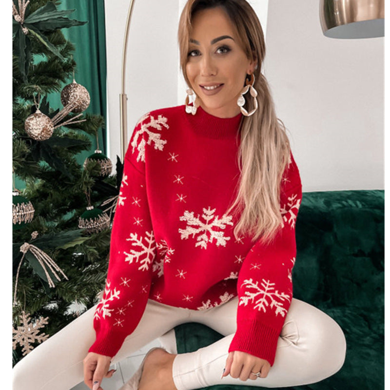 Fall Winter Women's Christmas Sweater Knitted Fluffy Loose Casual Christmas Snowflake Print Long Sleeves Pullovers Tops Streetwear BAZONA