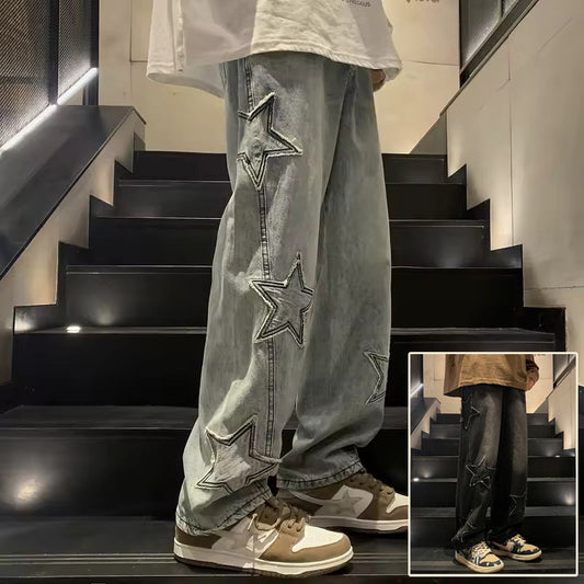 Star Embroidery Straight Casual Men Jeans Gothic Neutral New Wide Leg Loose Hip-hop Fashion Youth Streetwear Denim Trousers Y2K BAZONA