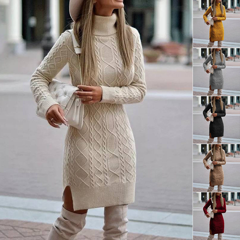 Fashion Turtleneck Knitted Dress With Slit Design Winter Warm Solid Color Pullover Long Sweater Women's Clothing BAZONA
