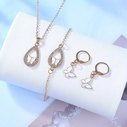 4PCS Set Luxury Women Butterfly Necklace Bracelet Earrings Drop Oil Diamond Jewelry For Girl Gift Jewelry Fashion Jewelry Set BAZONA
