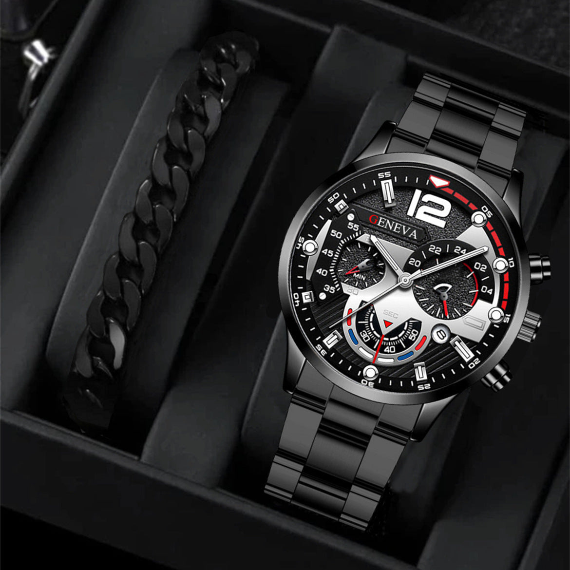 2pcs Men's New Popular Steel Strip Fashion Business Three Eye Quartz Watch Bracelet Set Valentine's Day Gifts BAZONA