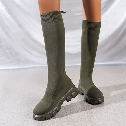 Fashion Knitted Boots Women's Flyweaving Breathable Thick-soled Skinny Boots Winter Fall Shoes BAZONA