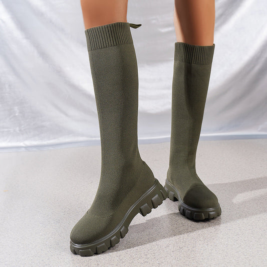 Fashion Knitted Boots Women's Flyweaving Breathable Thick-soled Skinny Boots Winter Fall Shoes BAZONA