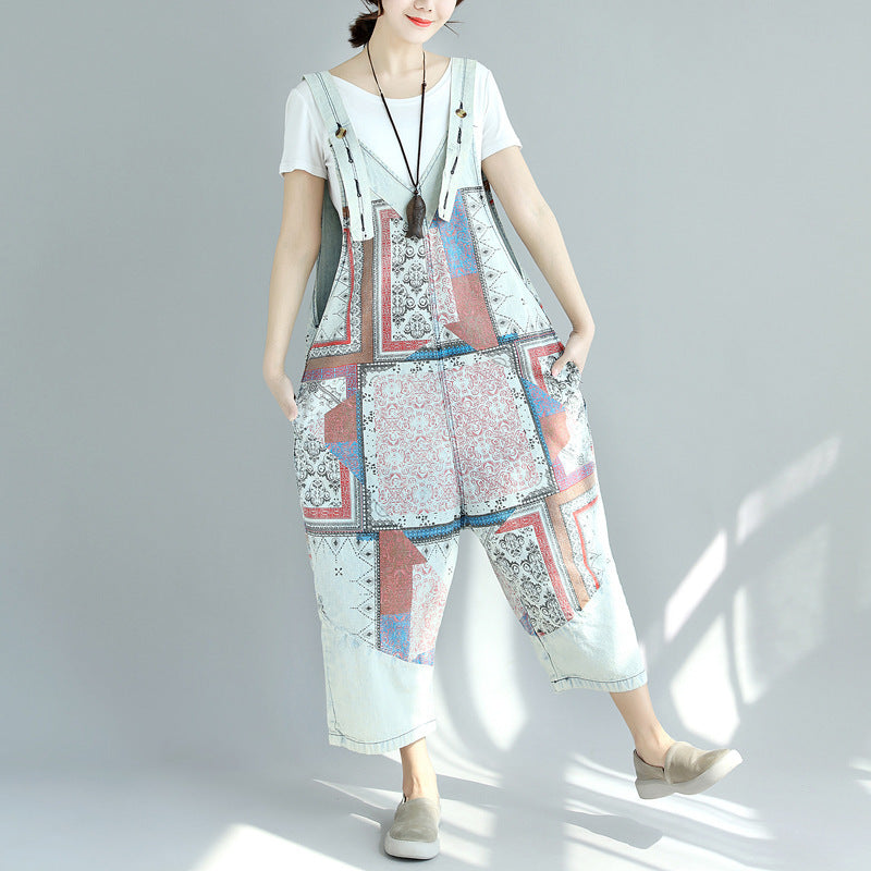 Printed Worn Looking Washed-out Big Crotch Ninth Plus Size Stitching Denim Suspender Pants BAZONA