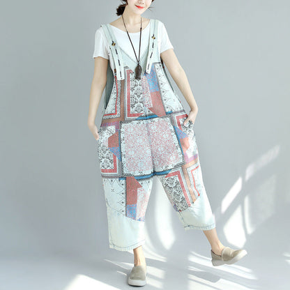 Printed Worn Looking Washed-out Big Crotch Ninth Plus Size Stitching Denim Suspender Pants BAZONA