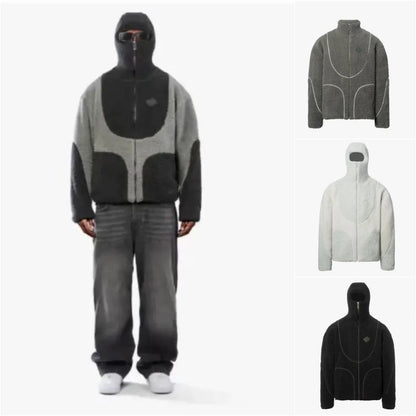 Men's Fashion Lamb Wool Hooded Zipper Coat Sweatshirt Patchwork Line Design Male Tops Casual BAZONA